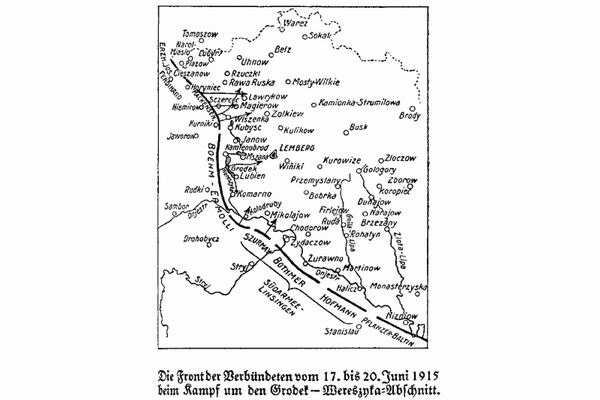 Narol na mapie niemieckiej wojskowej z I wojny wiatowej 17-20 czerwca 1915 - linia frontu